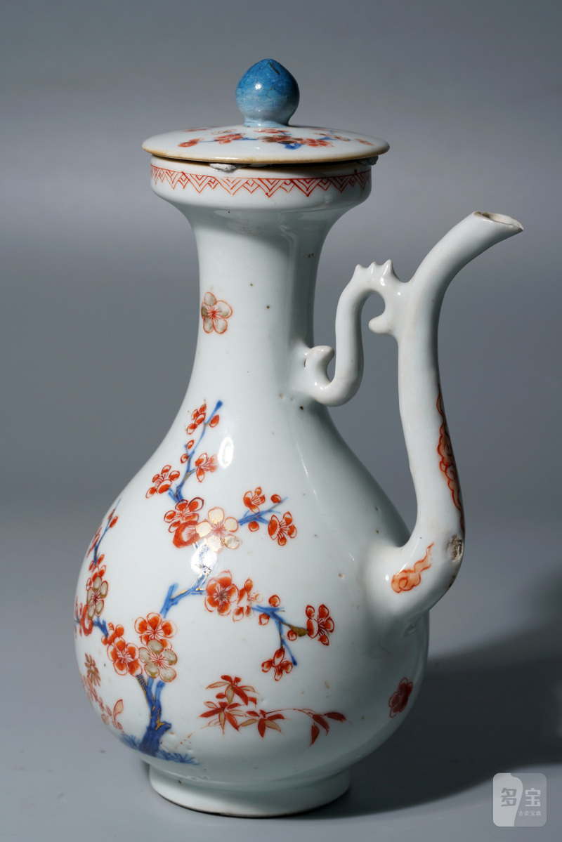 清康熙 青花矾红描金梅花纹急须 - 图5